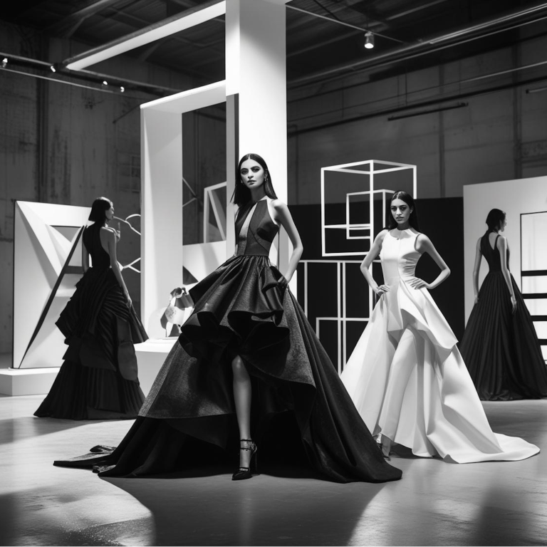Modelos lucen vestidos elegantes en un entorno artístico y minimalista en blanco y negro.