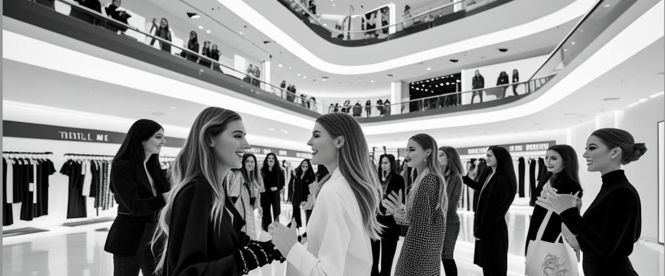 Desfile de moda o experiencia visual en centro comercial o puerto deportivo en Mallorca Grupo de mujeres conversando en un moderno espacio comercial de varias plantas.