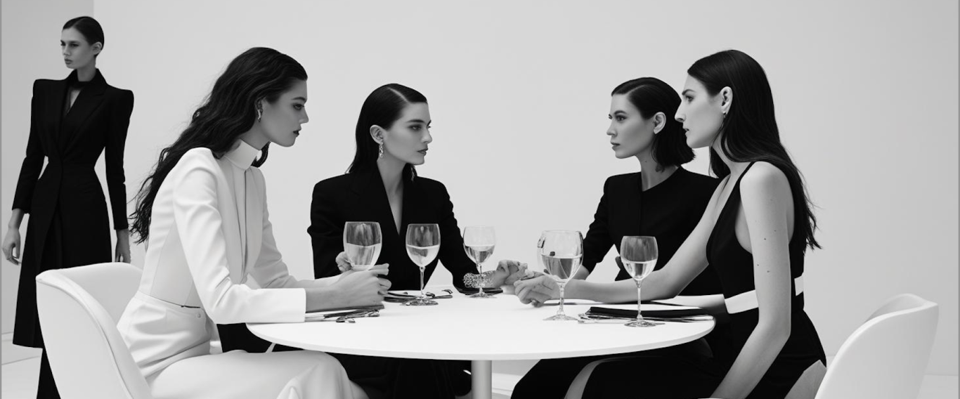 Eventos, Networking de moda profesional y marcas en Mallorca Cuatro mujeres en una mesa discutiendo, con una figura en el fondo vestida de negro.