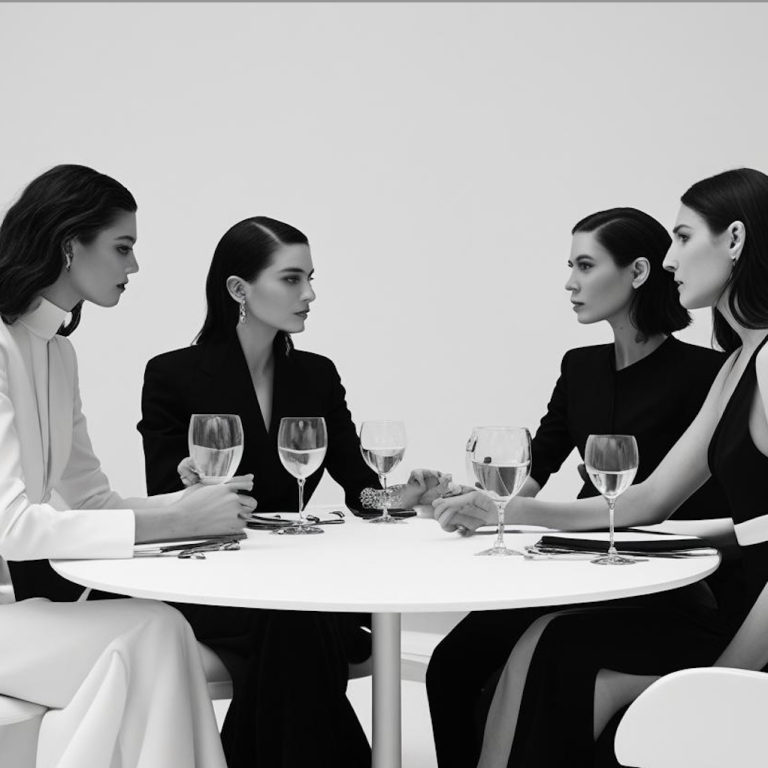 Cuatro mujeres sentadas alrededor de una mesa, vestidas de negro y blanco, conversando.