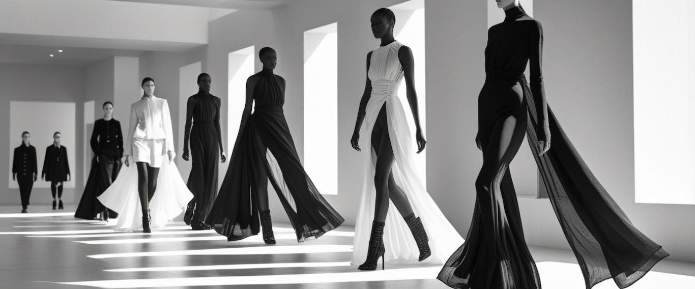 Desfile de moda profesional para diseñadores emergentes y marcas en Mallorca Modelos desfilan en una pasarela con vestidos de alta costura en blanco y negro.