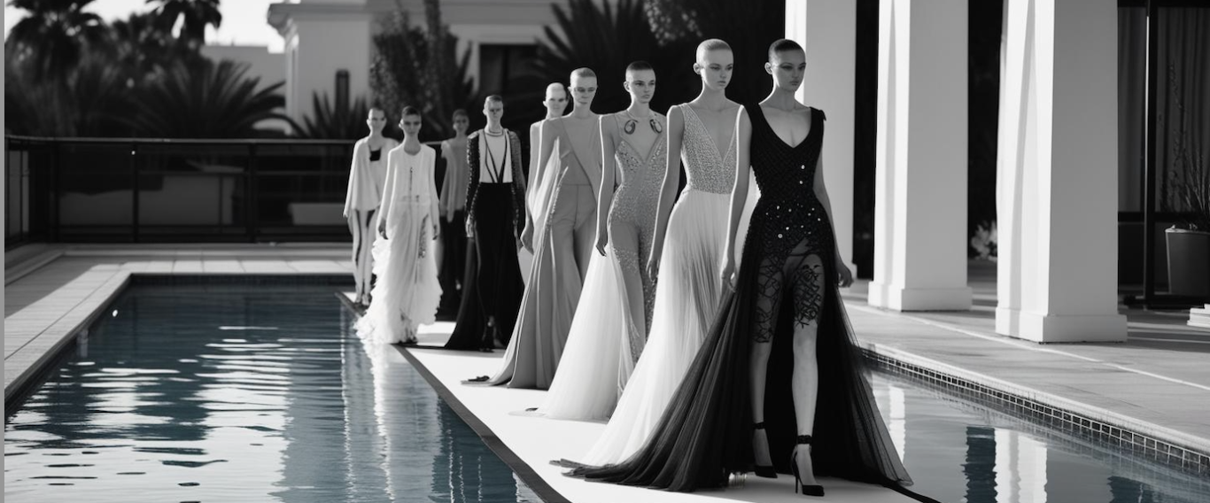Desfile de moda en hotel con piscina en Mallorca, con modelos y producción profesional Modelos desfilando en trajes elegantes junto a una piscina en un entorno moderno.