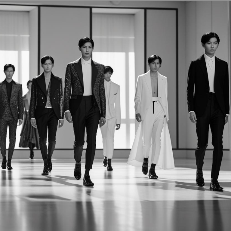 Grupo de hombres modelos desfilando en una pasarela, vistiendo trajes elegantes en blanco y negro.